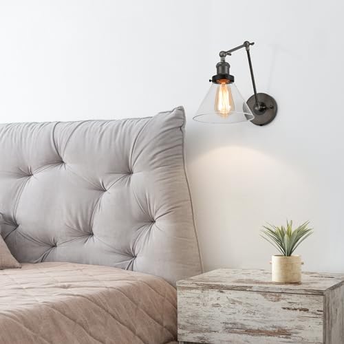 Black Glass Wall Sconces Lighting, Modern Industrial Swing Arm Plug in or Hardwired Adjustable Wall Lamp with Brushed Silver Finish for Bedroom, Kitchen, and Living Room - color: Black Silver Brushed, size: 7.4" x 8.7"
