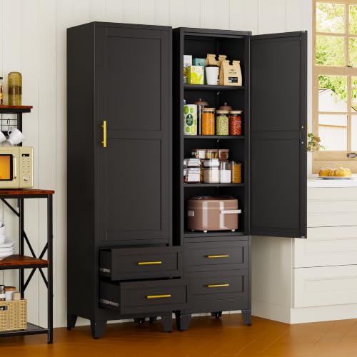 67" Tall Narrow Metal Storage Cabinet, Freestanding Pantry Organizer, Black | Slim Bathroom Cabinets with 2 Drawers & 3 Adjustable Shelves, Multi-Use Cupboard for Kitchen Office Living＆ Dining Room - color: Black - a, size: 15.7"D x 19.7"W x 67"H