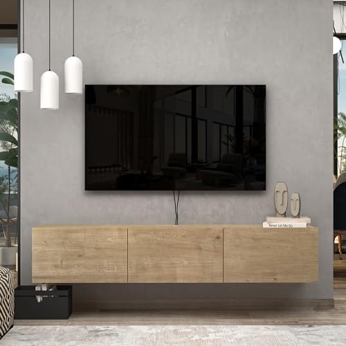 Floating TV Stand Wall Mounted for 65"–80" TVs, Modern Floating Entertainment Center with Cable Management, Wall Mount TV Stand with Storage, Mounted TV Console for Living Room - color: Oak