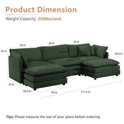 Modular Sectional Sofa, 111.5 Inch U Shaped Couch Set for Living Room, 3-Seater Comfy Cloud Couches with Movable Ottoman, DIY Combination, Chenille, Evergreen - color: Evergreen, size: 111.5 Inch- U