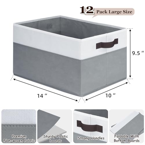 12 Pack Large Storage Baskets for Shelves | Fabric Closet Organizers and Storage Bins with Handles for Home Organization | Decorative Collapsible Basket for Organizing Clothes Toy Nursery - color: White with Grey, size: 12pcs - Rectangular 14"x10"x9.5"