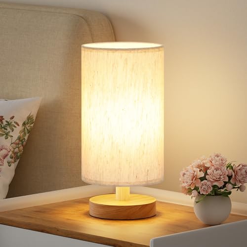 9" Small Table Lamp for Bedroom - Inline Control with 3000K Blub | Cream Shade and Wood Base | 680 Lumens | Easy Assembly | Minimalist Design | E26 | for Kitchen | for Kids Room - color: Cream Shade - Wood Base