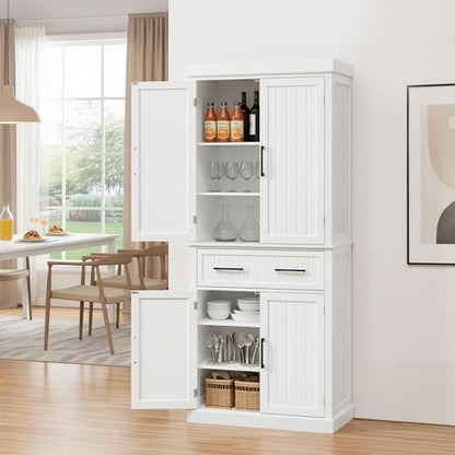 Yaheetech 72.5" H Freestanding 4-Door Kitchen Storage Cabinet,White | Stand up pantry with adjustable shelves and wide drawer in an engineered wood body for kitchen/Living Room
