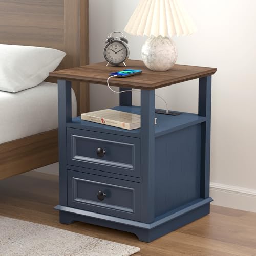 18" Wide End Table with Fast Charging Station Set of 2, 18” Wide Sofa Side Table with Drawers,End Table with Drawers for Living Room,Blue - color: Dark Blue, size: 1 Set