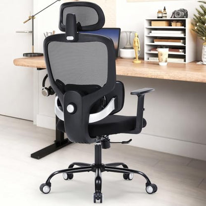 Office Chair Ergonomic Desk Chairs with Adjustable Lumbar Support & Headrest, Mesh High Back Home Office Desk Chairs with Adjustable Height Armrests, Comfy Swivel Task Computer Chair