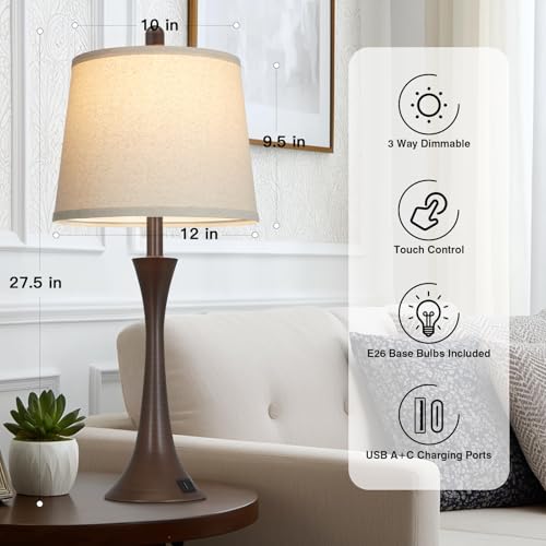 Rinweey 27.5" Table Lamps Set of 2, Touch Bedside Lamps with USB C+A Ports, 3 Way Dimmable Nightstand Lamps for Bedroom, Living Room, Office, Brown Lamp with Beige Lampshade, Bulbs Included - color: Brown