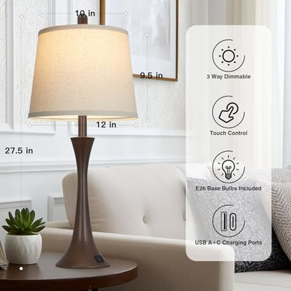 Rinweey 27.5" Table Lamps Set of 2, Touch Bedside Lamps with USB C+A Ports, 3 Way Dimmable Nightstand Lamps for Bedroom, Living Room, Office, Brown Lamp with Beige Lampshade, Bulbs Included - color: Brown