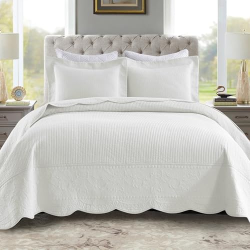 MarCielo 3-Piece 100% Cotton Oversized Bedspread Lightweight Quilt Coverlet Embroidery Farmhouse Bedding Set (TG Bright White, Oversized Queen (100"x106")) - color: Tg Bright White, size: Oversized Queen (100" x 106")