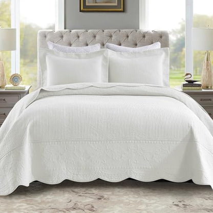 MarCielo 100% Cotton Quilt Set - 3-Piece Embroidered Farmhouse Bedspread & Shams, All-Season Breathable Bedding(TG Bright White,Queen) - color: Tg Bright White, size: Queen (98" x 90")