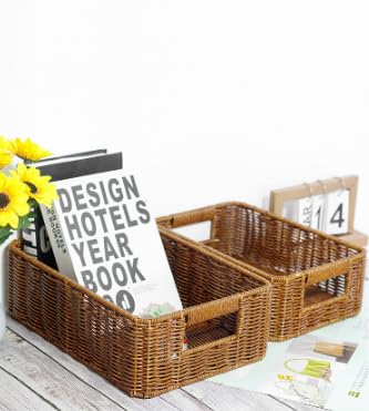 Plastic Storage Baskets for Shelves and Cabinets, Wicker Storage Baskets for Shelves, Pantry Baskets Organization and Storage, Water-Resistant and Durable(Set of 2, Brown)