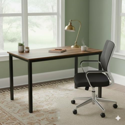 55 inch Large Computer Desk Wood, Modern Simple Style Desk for Home Office, Bedroom, Study Student Writing Desk, Small Spaces, Black Metal Frame, Walnut Top - color: Walnut, size: 55"