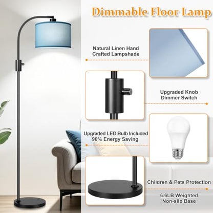 Nintiue Dimmable Black Floor Lamp, 1200 Lumens LED Edison Bulb Included, Arc Gold Floor Lamps for Living Room Modern Standing Lamp with Sky Blue Shade - color: Black - Sky Blue Shade