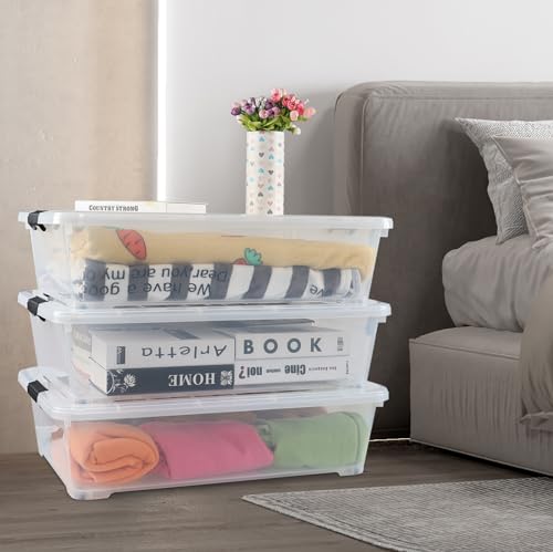 50 Quart Large Stackable Plastic Underbed Storage Bin, 3-Pack | Clear Under Bed Organization Boxes with Wheels and Lids - size: 50 Quart