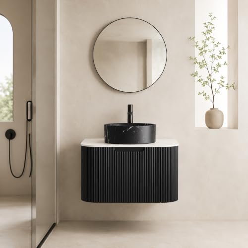 24" Floating Bathroom Vanity with Sink, Wall Mounted Plywood Cabinet, Black Fluted Front, Sintered Stone Countertop, Black Marble-Look Round Ceramic Vessel Sink, Soft-Close Drawer, Pre-Assembled - color: Black Cabinet / Black Marble Sink, size: 24 Inch