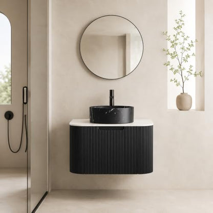 24" Floating Bathroom Vanity with Sink, Wall Mounted Plywood Cabinet, Black Fluted Front, Sintered Stone Countertop, Black Marble-Look Round Ceramic Vessel Sink, Soft-Close Drawer, Pre-Assembled - color: Black Cabinet / Black Marble Sink, size: 24 Inch