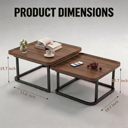 Nesting Coffee Table Set of 2 – Square Small Coffee Tables for Living Room, Bedroom, Balcony, Versatile End Table Set,Space Saving Mid Century Modern Nesting Coffee Tables Stackable, - color: Walnut