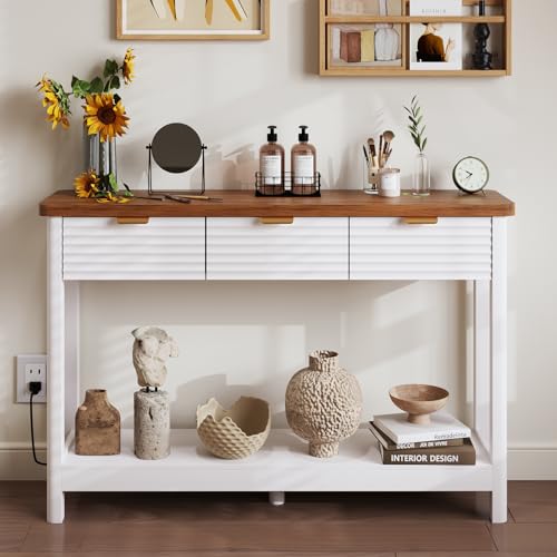 Fluted 47.2" Console Table with Outlets and USB C, Narrow Entryway Table with 3 Drawers, Modern Farmhouse Wood Sofa Table Behind Couch for Living Room, White & Walnut - color: Entryway Table-white