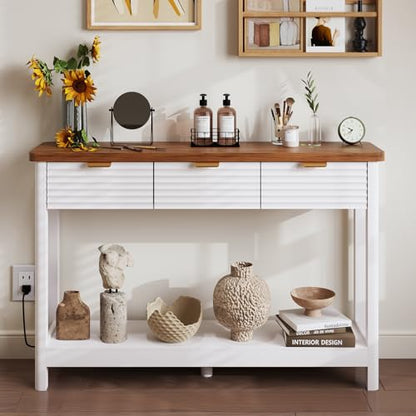 Fluted 47.2" Console Table with Outlets and USB C, Narrow Entryway Table with 3 Drawers, Modern Farmhouse Wood Sofa Table Behind Couch for Living Room, White & Walnut - color: Entryway Table-white