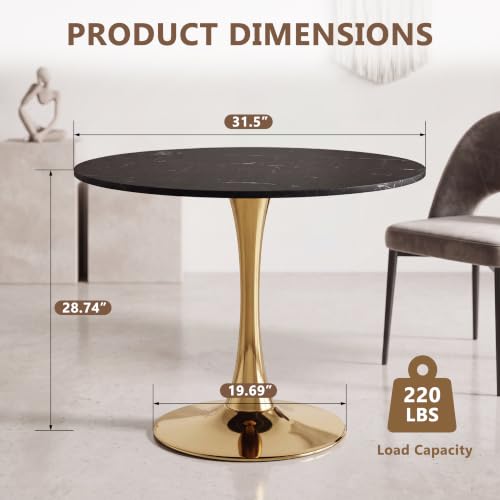 31.5" Round Tulip Dining Table, Circle Tulip Table with MDF Tabletop and Gold Metal Pedestal Base, Mid Century Modern Bistro Table for Kitchen, Dining Room, Cafe (Black and Gold) - color: Black and Gold