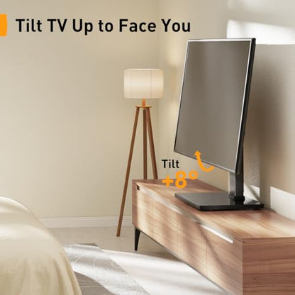Perlegear Universal Swivel TV Stand with Power Outlet for 34–65 inch TVs | Tilt, 6 height adjustments, stable tempered glass base, security locks, cable management, 88 lbs max load, max VESA 400x400mm - size: 34-65 inch