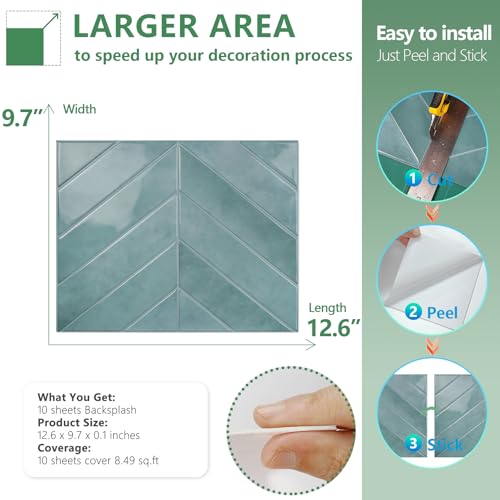STICKGOO Herringbone Peel and Stick Backsplash, Blue Teal, 10 Sheets | 12.6 x 9.7 in, Thicker Rectangular Vinyl Stick-On Wall Tiles, Easy Alignment, Waterproof, Easy to Clean, Kitchen/Bathroom - color: Blue Teal, size: Pack of 10