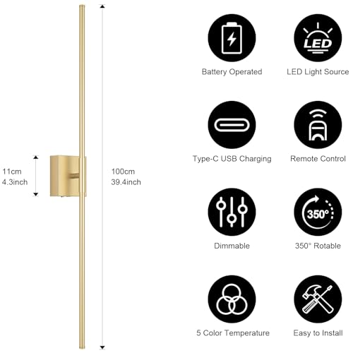 Battery Operated Wall Sconce, 3000K-6000K Dimmable Gold Wall Lights with Remote Control, Timable LED Wireless Wall Sconces, 350° Ratate for Bathroom, Living Room, Hallway 39.4 Inch 1 Pack - color: Gold, size: 39.4in(1 Pack)