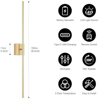Battery Operated Wall Sconce, 3000K-6000K Dimmable Gold Wall Lights with Remote Control, Timable LED Wireless Wall Sconces, 350° Ratate for Bathroom, Living Room, Hallway 39.4 Inch 1 Pack - color: Gold, size: 39.4in(1 Pack)