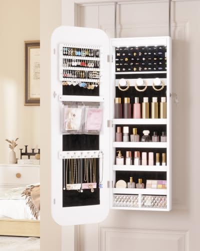 6 LEDs Mirror Jewelry Cabinet Door Hanging, 42.5", Lockable, White | Jewelry Organizer with Full Length Mirror, Wall Mounted Large Jewelry Storage for Earrings, Rings, Necklaces - color: White