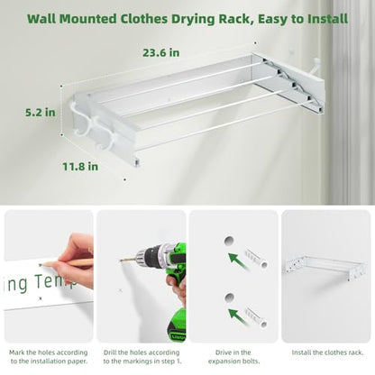 Foldable Wall Mounted Space-Saving Drying Rack, 23.5 In Rustproof Stainless Steel Laundry Hanger with 50 Lbs Heavy Duty Reinforced Rods for Wet Towels & Heavy Clothes, Fits Apartment Bathroom RV,White - size: 23.6'‘