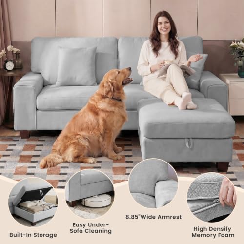 DOPEDIO 71.25" L-Shaped Sectional Sofa with Storage Ottoman, Light Gray | L-shaped sectional sofa with storage ottoman, chenille fabric, washable covers, pocket spring cushions, easy assembly - size: 71.25 inch-L, style: Light Grey Chenille