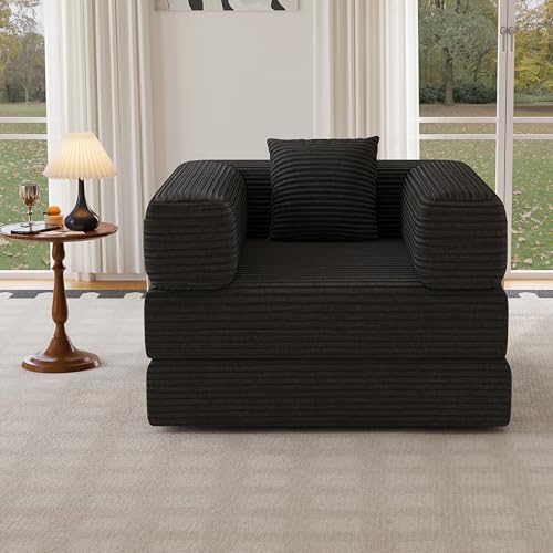 Single Couch Sofa for Small Spaces 2 in 1 Convertible Sleeper Sofa to Lounger Comfy Bean Bag Chair for Adults Removable Cover with Pillows for Bedroom, Apartment, Office, Black, 35.43" Single Sofa - color: Black, size: 35.43" Single Sofa