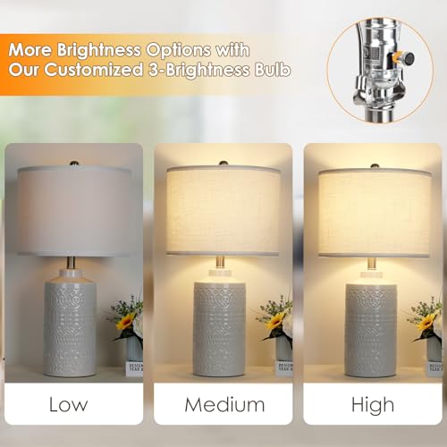 JUNNAI 24.5" White Ceramic Table Lamp 3-Way Dimmable Nightstand with White Linen Shade Bedside Lamp for Bedrooms & Living Room Office Reading(Bulb Included) - color: White