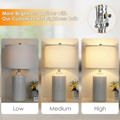 JUNNAI 24.5" White Ceramic Table Lamp 3-Way Dimmable Nightstand with White Linen Shade Bedside Lamp for Bedrooms & Living Room Office Reading(Bulb Included) - color: White