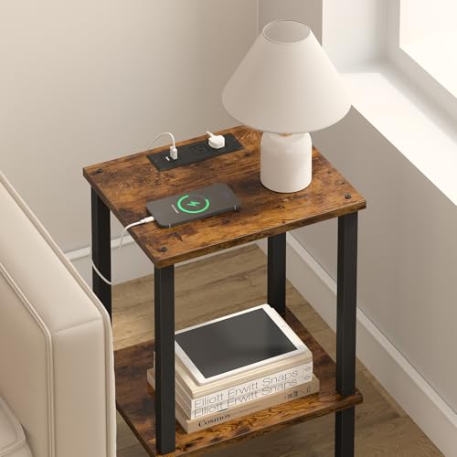 TUTOTAK End Table with Charging Station, Side Table Set of 2, Nightstand | 2-Tier Storage Shelf, Bedside Table with USB Ports, Sofa Table for Small Space Livingroom Bedroom Brown and Black TB01BB041 - color: Brown