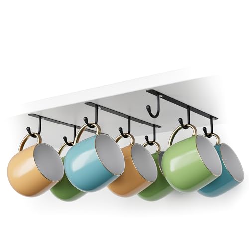 ECROCY Coffee Mug Holder Screw Mounting, 3 Pack Coffee Cup Holder with 9 Hooks, Sturdy Mug Hooks Under Cabinet with Wide Hook Spacing - color: Black
