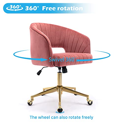 Vanity Chair Velvet Desk Chair with Gold Base for Living Room,Rose | Accent Armchair Upholstered Modern Tufted Chairs for Girls Women Ergonomic Study Seat Computer Task Stools for Bedroom - color: Rose