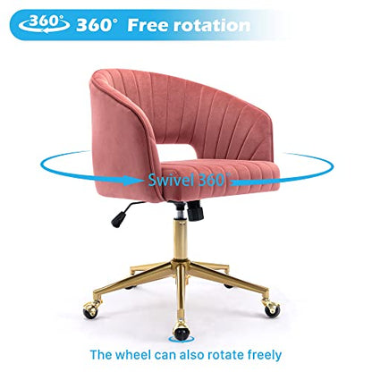 Vanity Chair Velvet Desk Chair with Gold Base for Living Room,Rose | Accent Armchair Upholstered Modern Tufted Chairs for Girls Women Ergonomic Study Seat Computer Task Stools for Bedroom - color: Rose