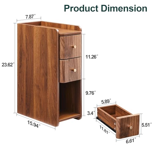 Narrow Nightstand Set of 2, Wooden Small 2 Drawer Nightstand, Slim Side End Table, Skinny Bedside Table, Mid Century Modern Night Stand with Drawers for Bedroom (Walnut-1 pc) - color: Walnut-1 Pc