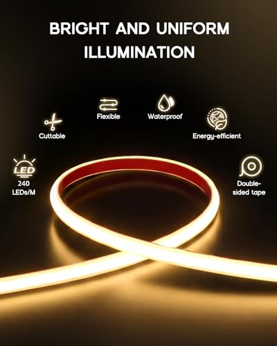 COB LED Strip Lights Daylight White 6000K,65.6ft 110-120V LED Tape Light,IP65 Waterproof High CRI 90Ra+ Super Bright Neon Strip Lights for Bedroom,Kitchen Cabinet, Living Room - color: Daylight White, size: 65.6ft