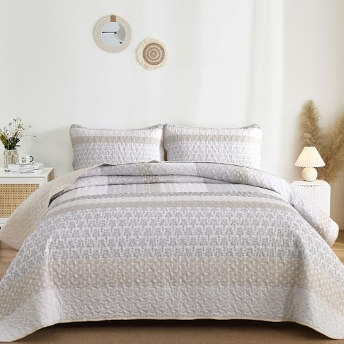 WONGS BEDDING Beige Quilt Queen Size, Boho Striped Bedspread | 3 Pieces Ultra Soft Lightweight Patchwork Bedding Set with 2 Pillow Shams for All Seasons,Reversible Polyester (96"x90") - color: Beige, size: Queen