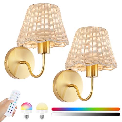 Battery Operated Wall Sconces Set of 2, Rattan Shade Wireless Wall Sconces, RGB Rechargeable Dimmable, Gold Vintage Boho Wall Sconce for Bedroom, Living Room, Hallway Bulbs Included - color: Gold 9.8in