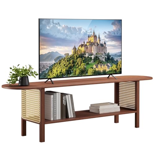 HollyHOME Bamboo TV Stand with Storage for TVs up to 65", Modern Entertainment Center with Rattan Side, Accent TV Table with 2 Shelf, Media Console TV Stand for Living Room, Bedroom, Walnut - color: Walnut Rattan Side