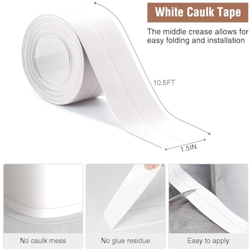 White Caulk Tape Peel & Stick Waterproof Self Adhesive Sealing Tape for Bathroom Kitchen Bathtub Toilet Walls Floors Tiles Wallpaper Decor, No Mess with Glue or Caulking, Quick & Easy Fix in Minutes - style: White-1.5IN-10.5FT