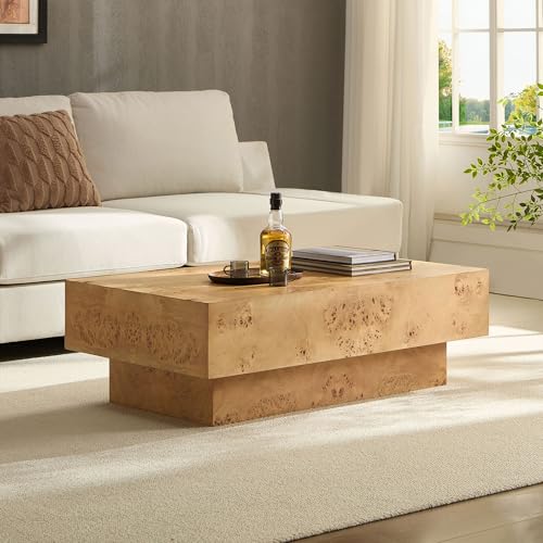 43.31" Rectangle Coffee Table with Burl Wood Veneer & Sturdy Base, Modern Luxury Wood Drum Center Table End Table Accent Side Table for Living Room, Minimalist Fluted Design, Oak - color: 43.31" Rectangle Style 2, Burl Wood Veneer