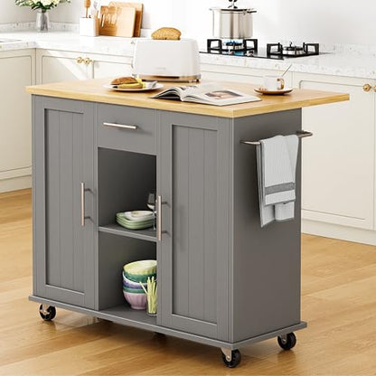 Shintenchi Kitchen Island with Storage, Bar Cart Cabinet Island Table on Wheels, Rolling Microwave Cart for Kitchen with Drop Leaf, Drawers, Towel Rack, Seating Area for Dining Room, Gray - color: Gray-42 Inch