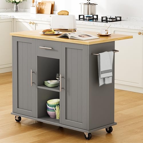 Shintenchi Kitchen Island with Storage, Bar Cart Cabinet Island Table on Wheels, Rolling Microwave Cart for Kitchen with Drop Leaf, Drawers, Towel Rack, Seating Area for Dining Room, Gray - color: Gray-42 Inch