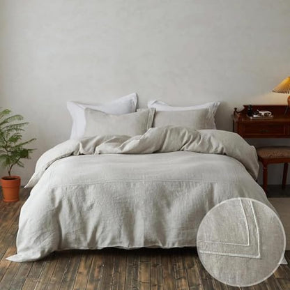 Simple&Opulence 100% Washed Linen Duvet Cover Set 68"x86" - 2 Pieces Soft Farmhouse Comforter Set Double Embroidered with Button Closure - 1 Duvet Cover and 1 Pillowsham (Linen, Twin) - color: 2 Embroidery Linen, size: Twin