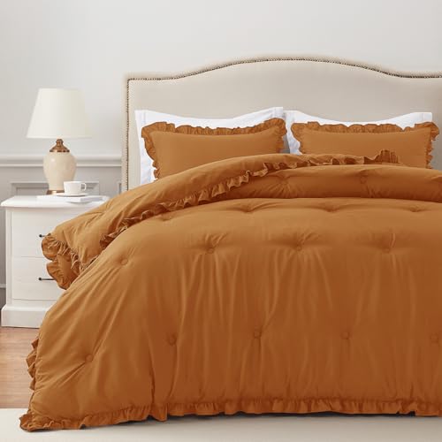 Twin Comforter Set Burnt Orange - Ruffle Comforter for Twin Size Bed, Fluffy Twin Size Comforter Set for All Seasons, 2 Pieces Shabby Chic Bedding Sets(1 Comforter & 1 Pillow Sham) - color: Burnt Orange, size: Twin