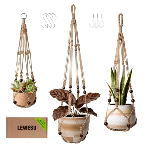 LEWESU 3 Pack Jute Macrame Plant Hanger Indoor 3 Different Sizes Hanging Planter Basket Flower Pot Holder with Wood Beads & No Tassels for Boho Home Decor, 23, 30, 35 Inch, Brown (Pot Not Included) - color: Brown, size: 23" + 30" + 35"