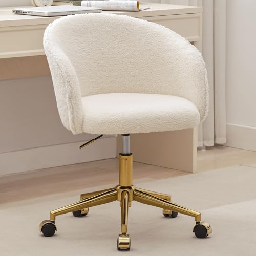 Faux Fur Makeup Vanity Chair,Home Office Desk Chair with Wheels, Blue | Fluffy Swivel Modern Armchair Upholstered Fuzzy Height Adjustable for Teens Women Girls Elegant for Living Room Bedroom - color: Round White+golden Base